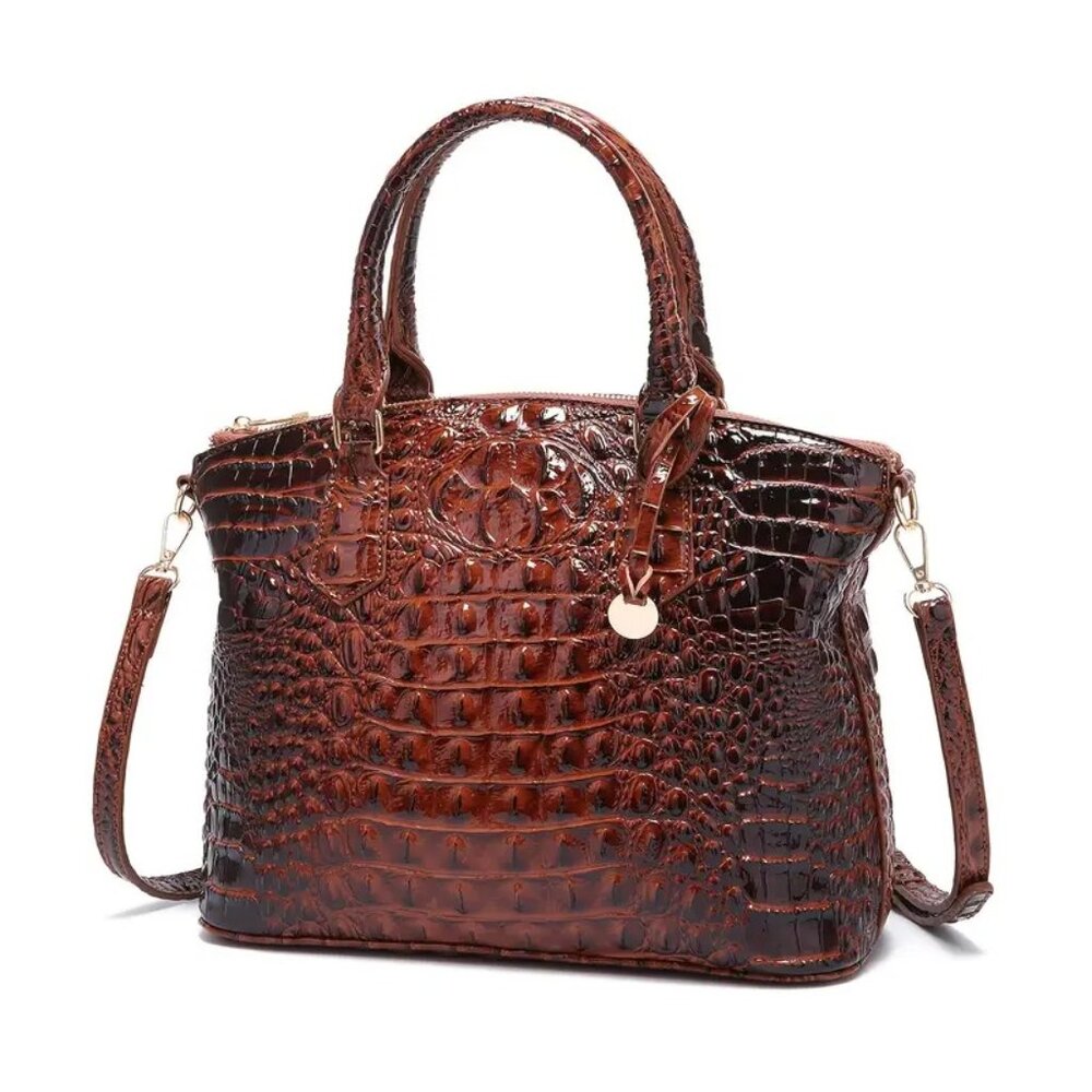 Elegant Brown Crocodile Embossed Luxury Handbag Satchel Shoulder Bag Vegan - Picture 3 of 7